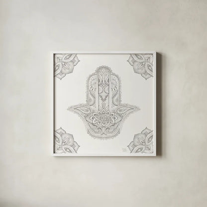 Touch of Hamsa I by Dina June. Shown in a crisp white glass frame for a clean and minimalist style. Available as an archival giclee rolled canvas, fine art paper, or poster print. SKU 65329a.
