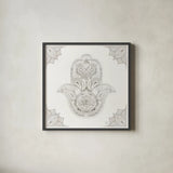 Touch of Hamsa II by Dina June. Shown in a sleek black glass frame for a contemporary gallery look. Available as an archival giclee rolled canvas, fine art paper, or poster print. SKU 65330a.
