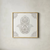 Touch of Hamsa II by Dina June. Shown in a natural wood glass frame for a timeless modern aesthetic. Available as an archival giclee rolled canvas, fine art paper, or poster print. SKU 65330a.