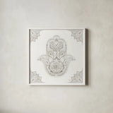 Touch of Hamsa II by Dina June. Shown in a crisp white glass frame for a clean and minimalist style. Available as an archival giclee rolled canvas, fine art paper, or poster print. SKU 65330a.