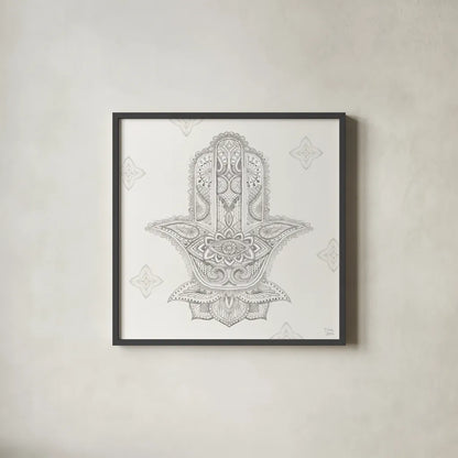 Touch of Hamsa III by Dina June. Shown in a sleek black glass frame for a contemporary gallery look. Available as an archival giclee rolled canvas, fine art paper, or poster print. SKU 65331a.