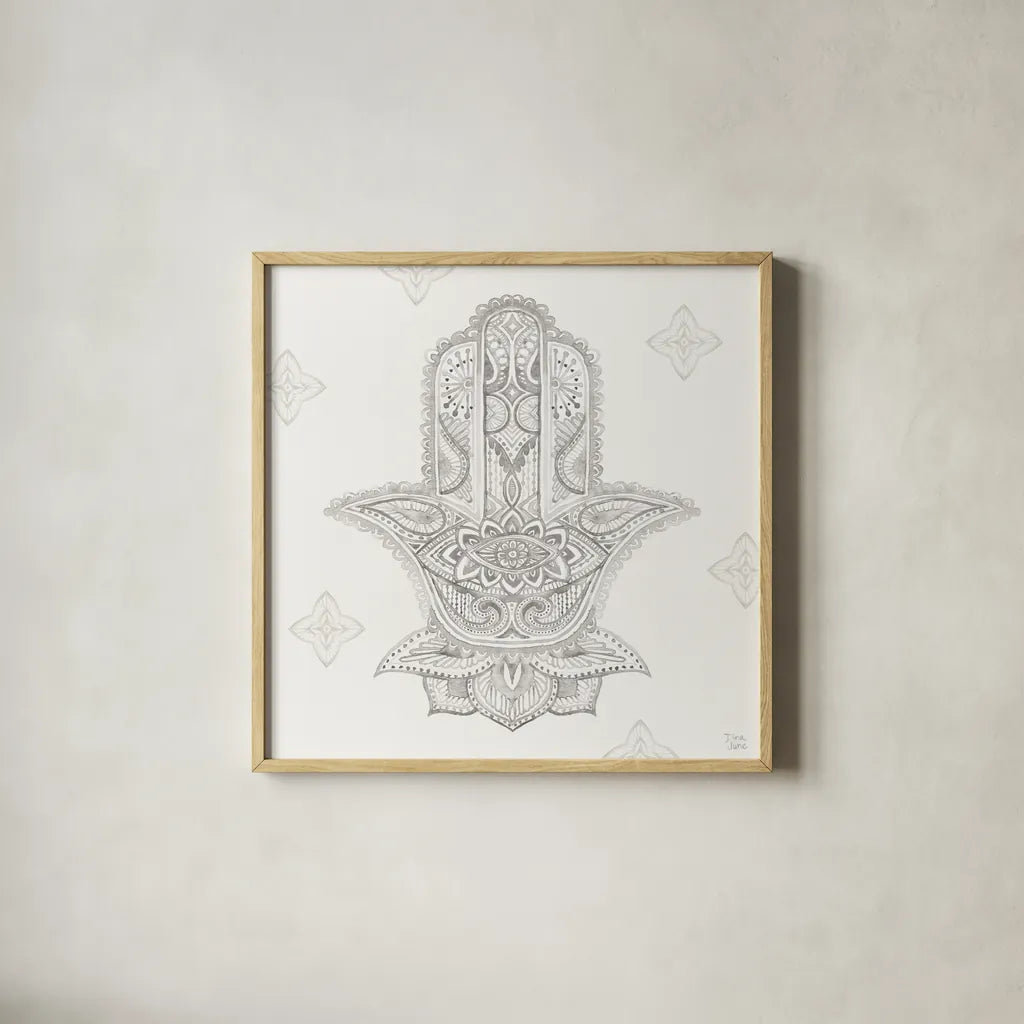 Touch of Hamsa III by Dina June. Shown in a natural wood glass frame for a timeless modern aesthetic. Available as an archival giclee rolled canvas, fine art paper, or poster print. SKU 65331a.