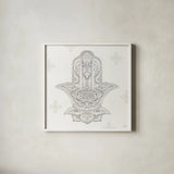 Touch of Hamsa III by Dina June. Shown in a crisp white glass frame for a clean and minimalist style. Available as an archival giclee rolled canvas, fine art paper, or poster print. SKU 65331a.