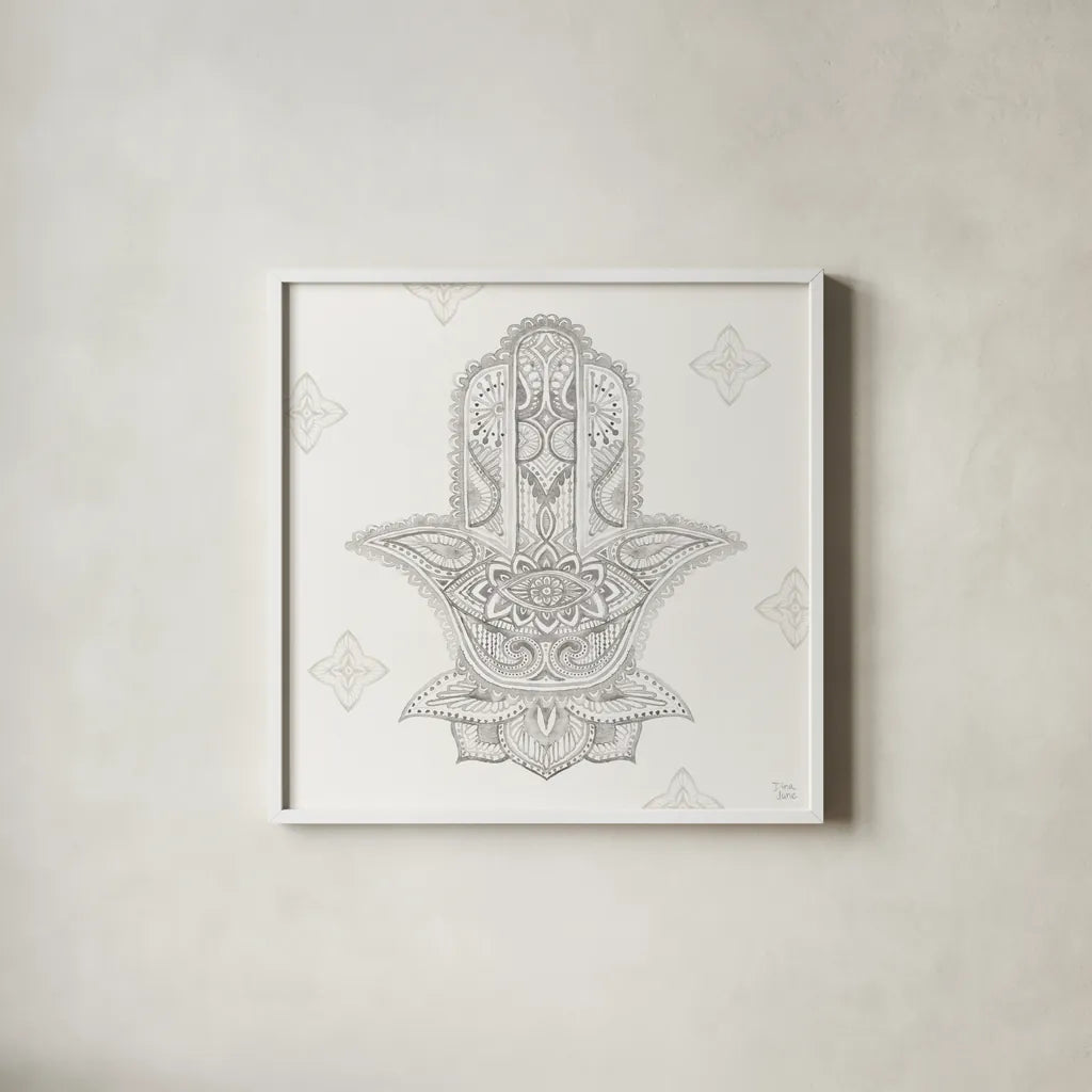 Touch of Hamsa III by Dina June. Shown in a crisp white glass frame for a clean and minimalist style. Available as an archival giclee rolled canvas, fine art paper, or poster print. SKU 65331a.