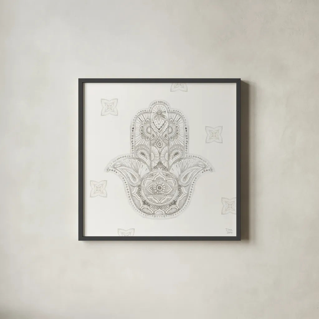Touch of Hamsa IV by Dina June. Shown in a sleek black glass frame for a contemporary gallery look. Available as an archival giclee rolled canvas, fine art paper, or poster print. SKU 65332a.
