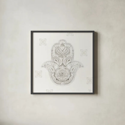 Touch of Hamsa IV by Dina June. Shown in a sleek black glass frame for a contemporary gallery look. Available as an archival giclee rolled canvas, fine art paper, or poster print. SKU 65332a.