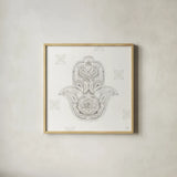 Touch of Hamsa IV by Dina June. Shown in a natural wood glass frame for a timeless modern aesthetic. Available as an archival giclee rolled canvas, fine art paper, or poster print. SKU 65332a.