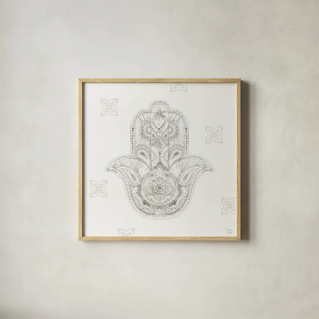 Touch of Hamsa IV by Dina June. Shown in a natural wood glass frame for a timeless modern aesthetic. Available as an archival giclee rolled canvas, fine art paper, or poster print. SKU 65332a.