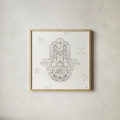 Touch of Hamsa IV by Dina June. Shown in a natural wood glass frame for a timeless modern aesthetic. Available as an archival giclee rolled canvas, fine art paper, or poster print. SKU 65332a.