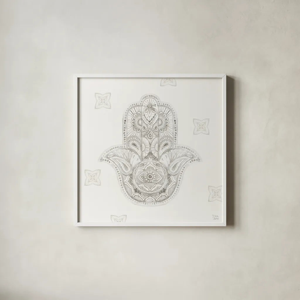 Touch of Hamsa IV by Dina June. Shown in a crisp white glass frame for a clean and minimalist style. Available as an archival giclee rolled canvas, fine art paper, or poster print. SKU 65332a.