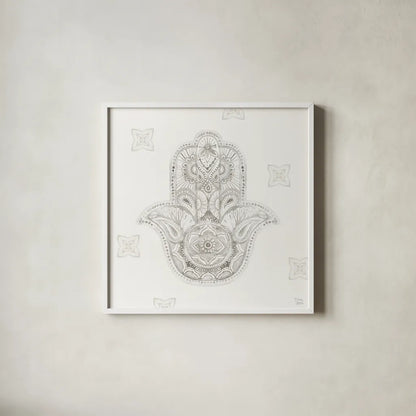 Touch of Hamsa IV by Dina June. Shown in a crisp white glass frame for a clean and minimalist style. Available as an archival giclee rolled canvas, fine art paper, or poster print. SKU 65332a.