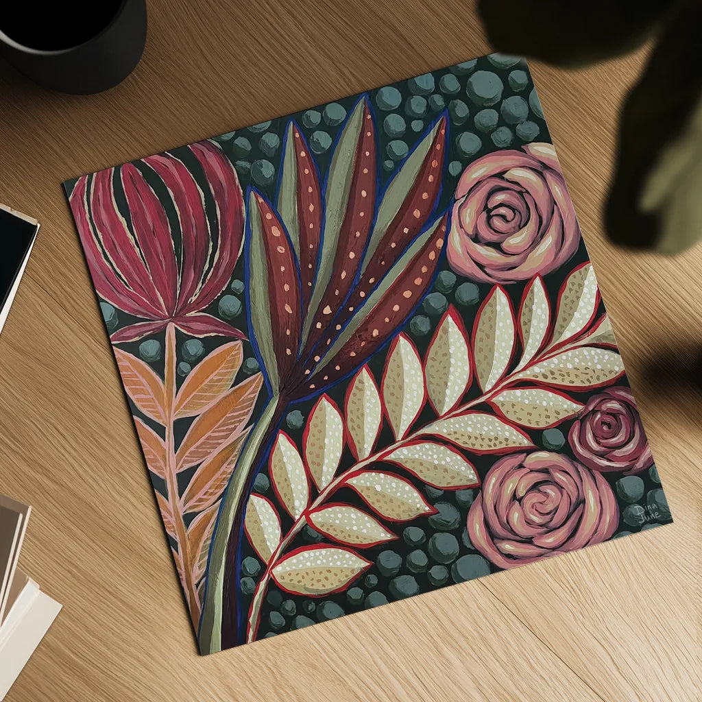 Tropical Florals by Dina June. Shown as a detailed flat fine art print, highlighting archival giclee quality. Available as an archival giclee rolled canvas, fine art paper, or poster print. SKU 98014a.