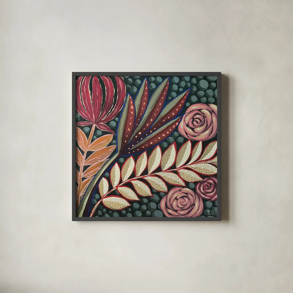 Tropical Florals by Dina June. Shown in a sleek black glass frame for a contemporary gallery look. Available as an archival giclee rolled canvas, fine art paper, or poster print. SKU 98014a.