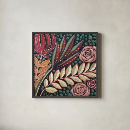 Tropical Florals by Dina June. Shown in a sleek black glass frame for a contemporary gallery look. Available as an archival giclee rolled canvas, fine art paper, or poster print. SKU 98014a.