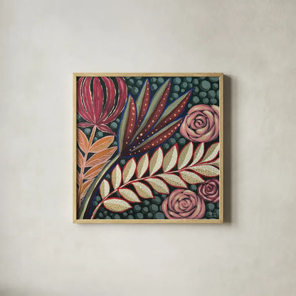 Tropical Florals by Dina June. Shown in a natural wood glass frame for a timeless modern aesthetic. Available as an archival giclee rolled canvas, fine art paper, or poster print. SKU 98014a.