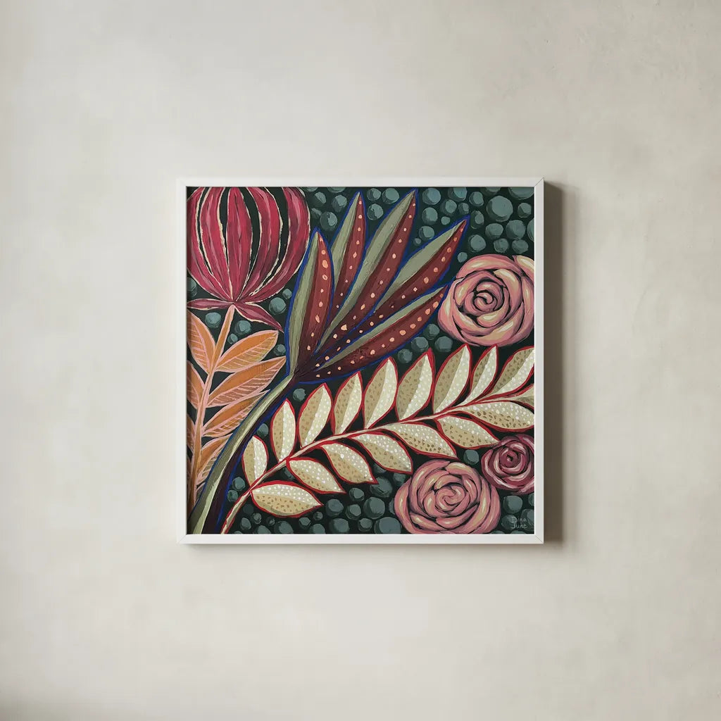 Tropical Florals by Dina June. Shown in a crisp white glass frame for a clean and minimalist style. Available as an archival giclee rolled canvas, fine art paper, or poster print. SKU 98014a.