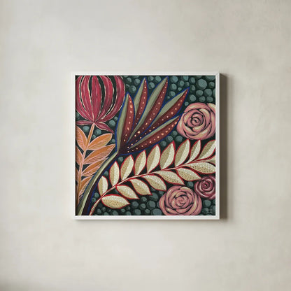 Tropical Florals by Dina June. Shown in a crisp white glass frame for a clean and minimalist style. Available as an archival giclee rolled canvas, fine art paper, or poster print. SKU 98014a.