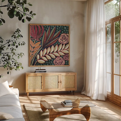 Tropical Florals by Dina June. Shown in a natural wood frame in a cozy modern living room. Available as an archival giclee rolled canvas, fine art paper, or poster print. SKU 98014a.