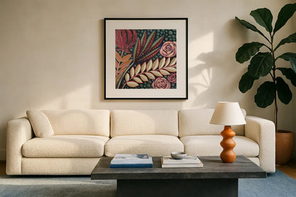 Tropical Florals by Dina June. Displayed in a glass frame with matte in a clean modern living room. Available as an archival giclee rolled canvas, fine art paper, or poster print. SKU 98014a.