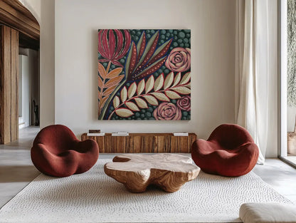 Tropical Florals by Dina June. Shown as extra-large giant wall art in a modern living room. Available as an archival giclee rolled canvas, fine art paper, or poster print. SKU 98014a.