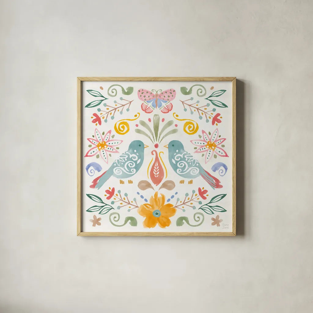 Wild Blooms II by Dina June. Shown in a natural wood glass frame for a timeless modern aesthetic. Available as an archival giclee rolled canvas, fine art paper, or poster print. SKU 90396a.