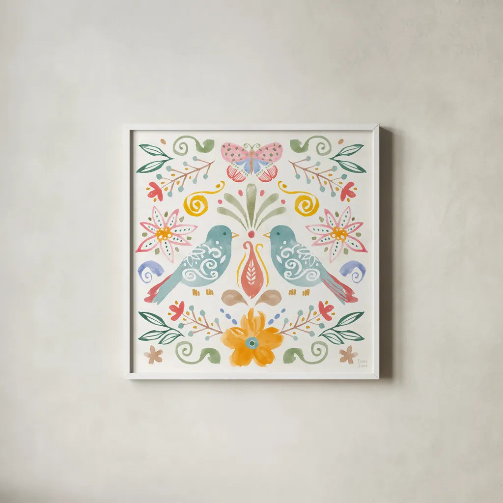 Wild Blooms II by Dina June. Shown in a crisp white glass frame for a clean and minimalist style. Available as an archival giclee rolled canvas, fine art paper, or poster print. SKU 90396a.