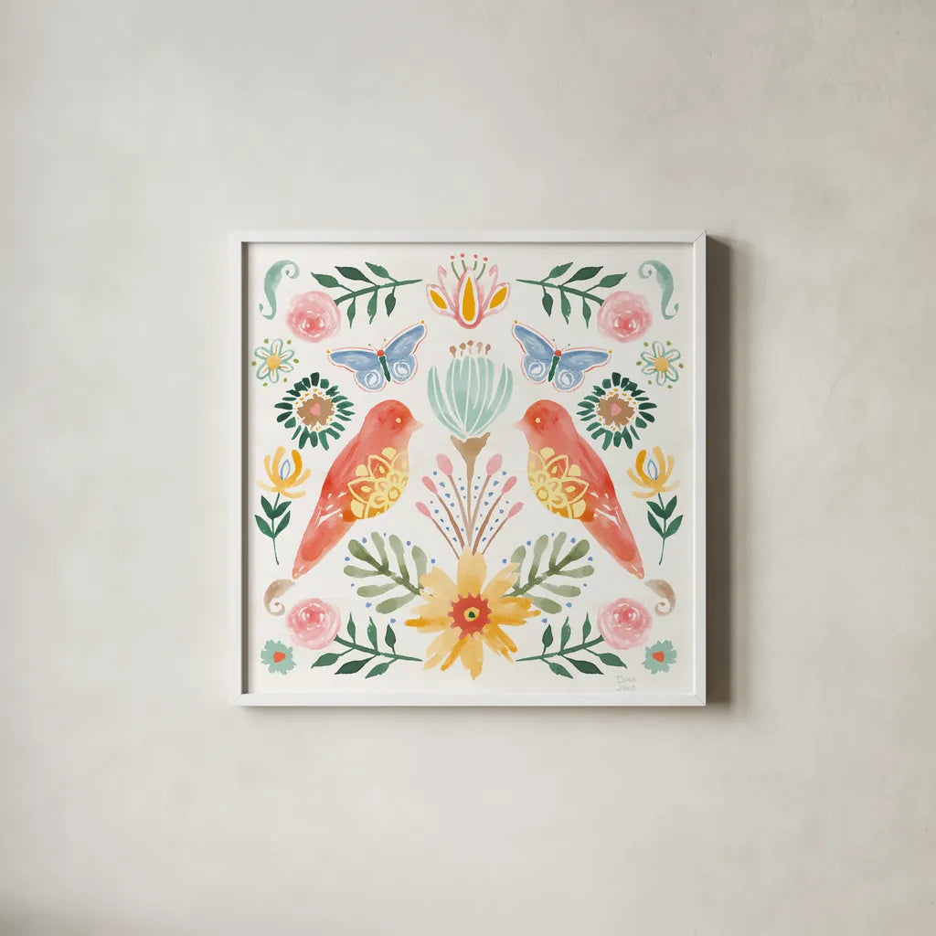 Wild Blooms III by Dina June. Shown in a crisp white glass frame for a clean and minimalist style. Available as an archival giclee rolled canvas, fine art paper, or poster print. SKU 90397a.