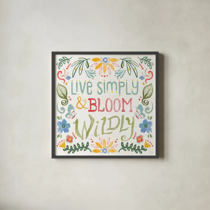 Wild Blooms V by Dina June. Shown in a sleek black glass frame for a contemporary gallery look. Available as an archival giclee rolled canvas, fine art paper, or poster print. SKU 90399a.