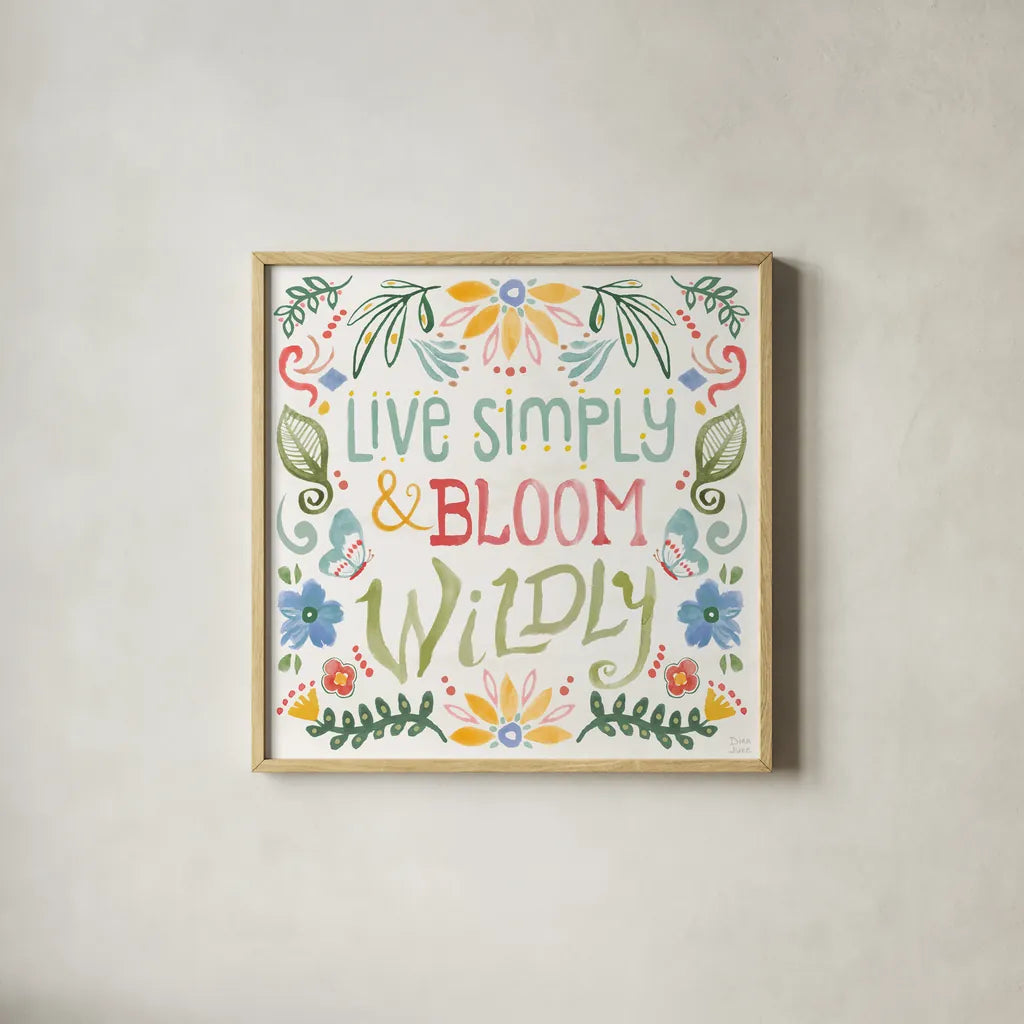 Wild Blooms V by Dina June. Shown in a natural wood glass frame for a timeless modern aesthetic. Available as an archival giclee rolled canvas, fine art paper, or poster print. SKU 90399a.