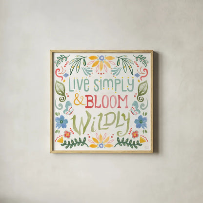 Wild Blooms V by Dina June. Shown in a natural wood glass frame for a timeless modern aesthetic. Available as an archival giclee rolled canvas, fine art paper, or poster print. SKU 90399a.
