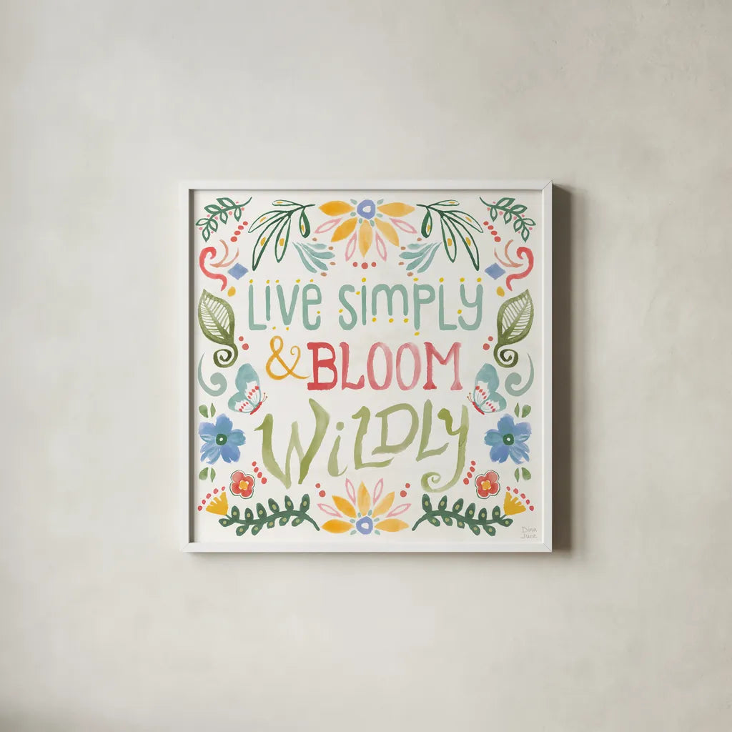 Wild Blooms V by Dina June. Shown in a crisp white glass frame for a clean and minimalist style. Available as an archival giclee rolled canvas, fine art paper, or poster print. SKU 90399a.