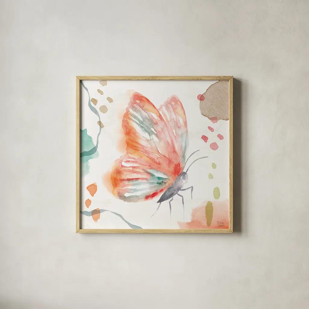 Winged Whisper II by Dina June. Shown in a natural wood glass frame for a timeless modern aesthetic. Available as an archival giclee rolled canvas, fine art paper, or poster print. SKU 72934a.