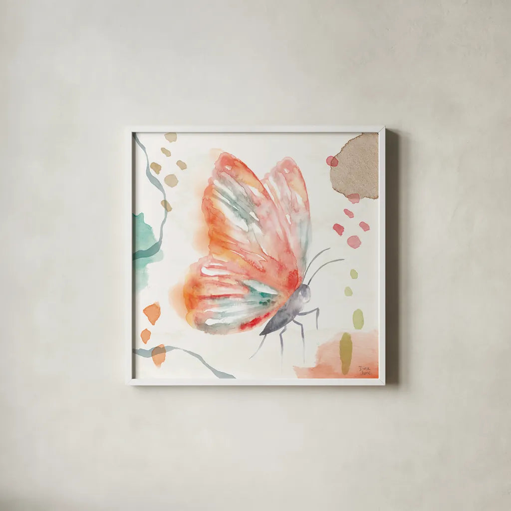 Winged Whisper II by Dina June. Shown in a crisp white glass frame for a clean and minimalist style. Available as an archival giclee rolled canvas, fine art paper, or poster print. SKU 72934a.