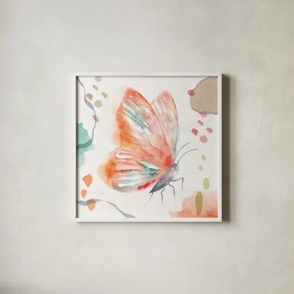 Winged Whisper II by Dina June. Shown in a crisp white glass frame for a clean and minimalist style. Available as an archival giclee rolled canvas, fine art paper, or poster print. SKU 72934a.
