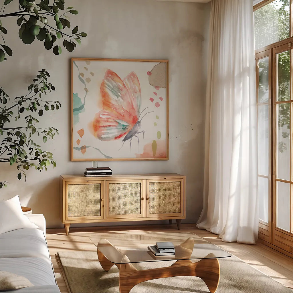 Winged Whisper II by Dina June. Shown in a natural wood frame in a cozy modern living room. Available as an archival giclee rolled canvas, fine art paper, or poster print. SKU 72934a.