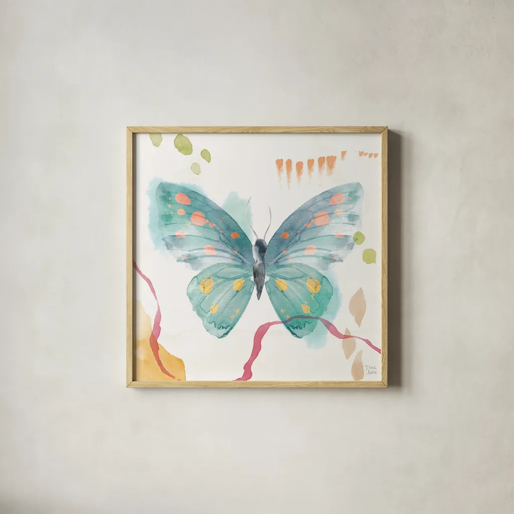 Winged Whisper III by Dina June. Shown in a natural wood glass frame for a timeless modern aesthetic. Available as an archival giclee rolled canvas, fine art paper, or poster print. SKU 72935a.