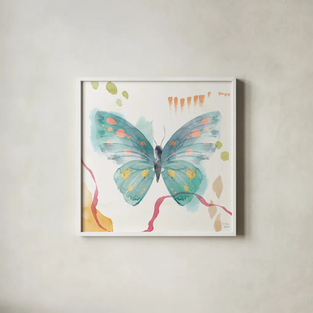 Winged Whisper III by Dina June. Shown in a crisp white glass frame for a clean and minimalist style. Available as an archival giclee rolled canvas, fine art paper, or poster print. SKU 72935a.