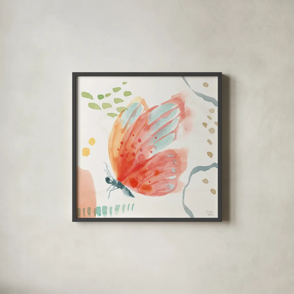 Winged Whisper IV by Dina June. Shown in a sleek black glass frame for a contemporary gallery look. Available as an archival giclee rolled canvas, fine art paper, or poster print. SKU 72936a.