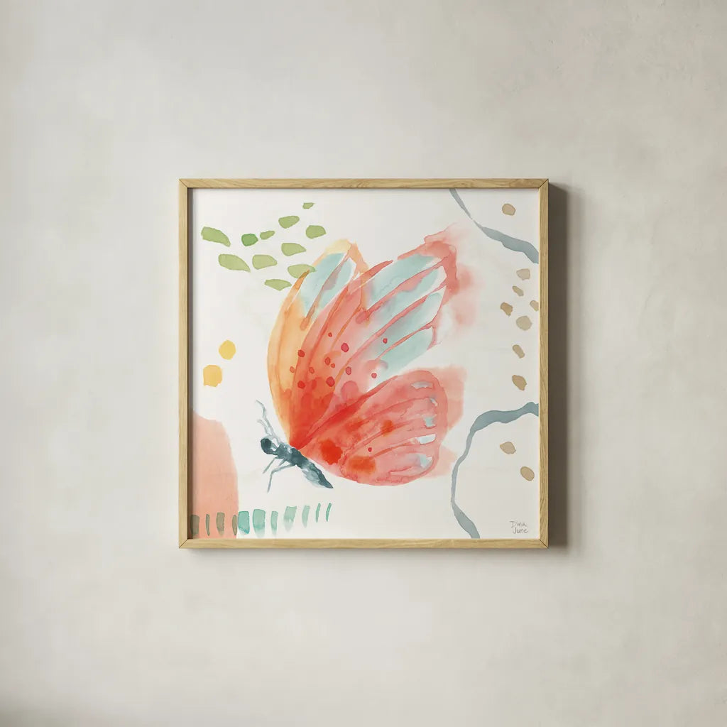 Winged Whisper IV by Dina June. Shown in a natural wood glass frame for a timeless modern aesthetic. Available as an archival giclee rolled canvas, fine art paper, or poster print. SKU 72936a.