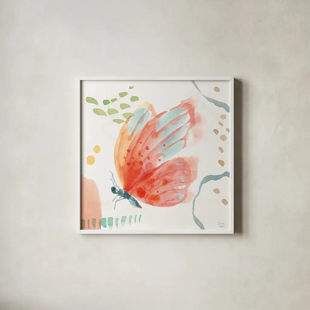 Winged Whisper IV by Dina June. Shown in a crisp white glass frame for a clean and minimalist style. Available as an archival giclee rolled canvas, fine art paper, or poster print. SKU 72936a.
