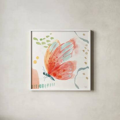 Winged Whisper IV by Dina June. Shown in a crisp white glass frame for a clean and minimalist style. Available as an archival giclee rolled canvas, fine art paper, or poster print. SKU 72936a.
