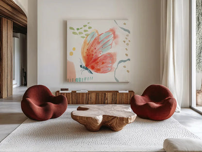 Winged Whisper IV by Dina June. Shown as extra-large giant wall art in a modern living room. Available as an archival giclee rolled canvas, fine art paper, or poster print. SKU 72936a.