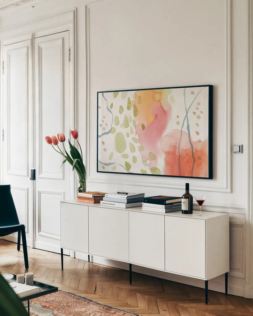 Winged Whisper IX by Dina June. shown as a framed stretched canvas in a living room above a console. Available as a archival giclee rolled canvas, fine art paper, or poster print. SKU 72941i.