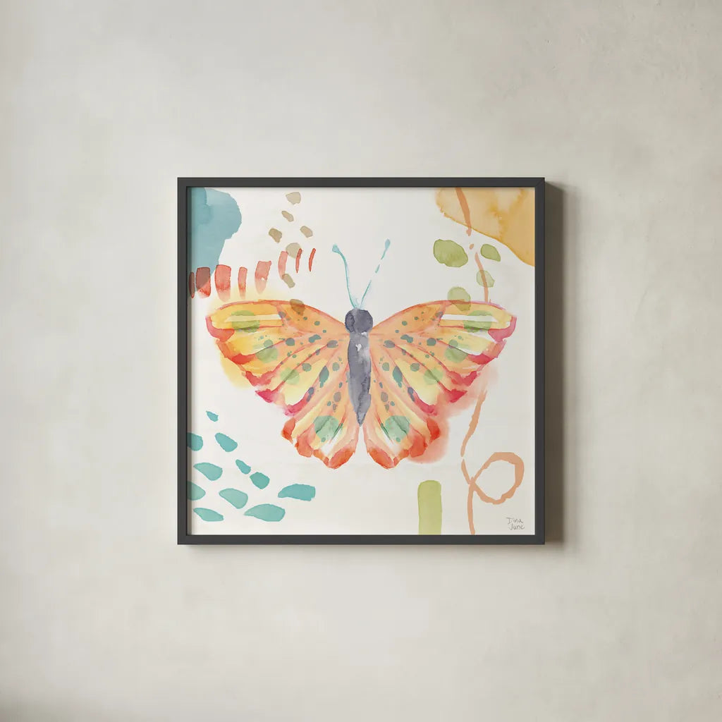 Winged Whisper V by Dina June. Shown in a sleek black glass frame for a contemporary gallery look. Available as an archival giclee rolled canvas, fine art paper, or poster print. SKU 72937a.