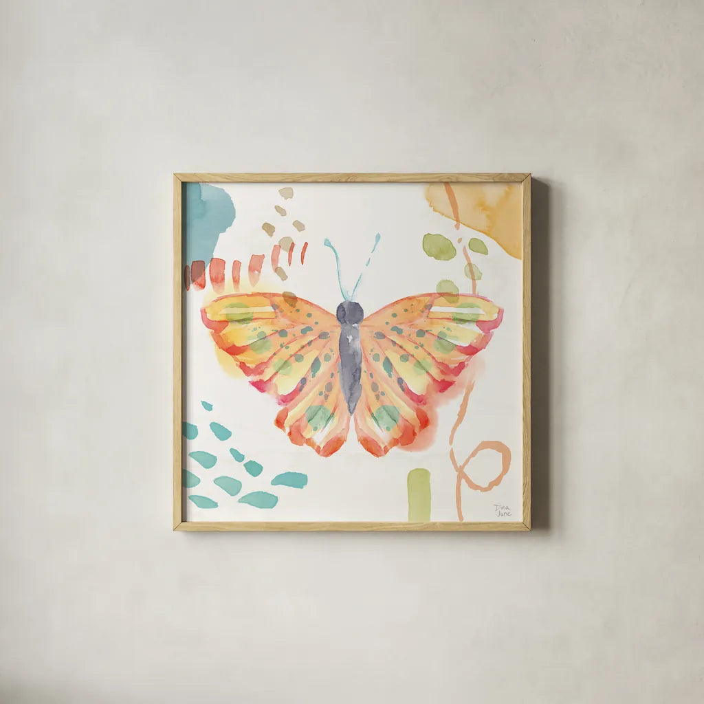 Winged Whisper V by Dina June. Shown in a natural wood glass frame for a timeless modern aesthetic. Available as an archival giclee rolled canvas, fine art paper, or poster print. SKU 72937a.