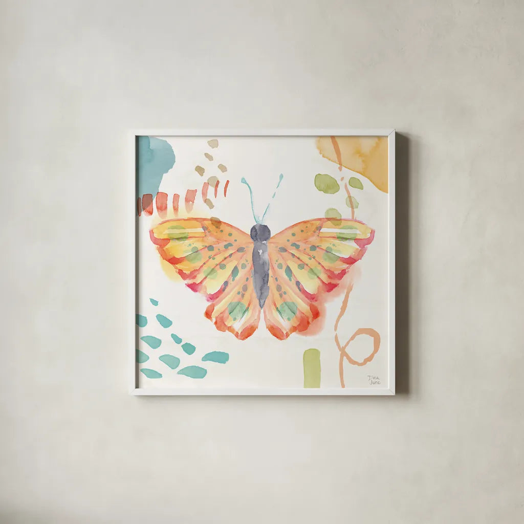 Winged Whisper V by Dina June. Shown in a crisp white glass frame for a clean and minimalist style. Available as an archival giclee rolled canvas, fine art paper, or poster print. SKU 72937a.