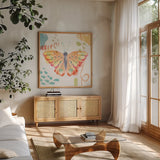 Winged Whisper V by Dina June. Shown in a natural wood frame in a cozy modern living room. Available as an archival giclee rolled canvas, fine art paper, or poster print. SKU 72937a.