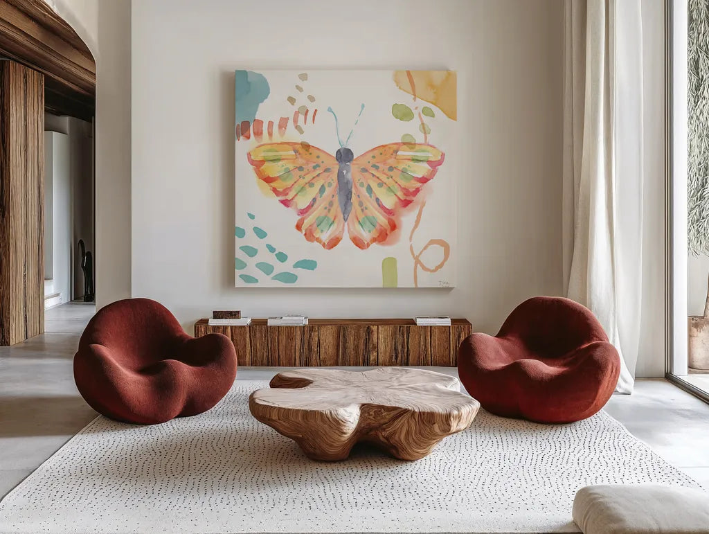 Winged Whisper V by Dina June. Shown as extra-large giant wall art in a modern living room. Available as an archival giclee rolled canvas, fine art paper, or poster print. SKU 72937a.
