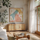 Winged Whisper XI by Dina June. Shown in a natural wood frame in a cozy modern living room. Available as an archival giclee rolled canvas, fine art paper, or poster print. SKU 72943a.