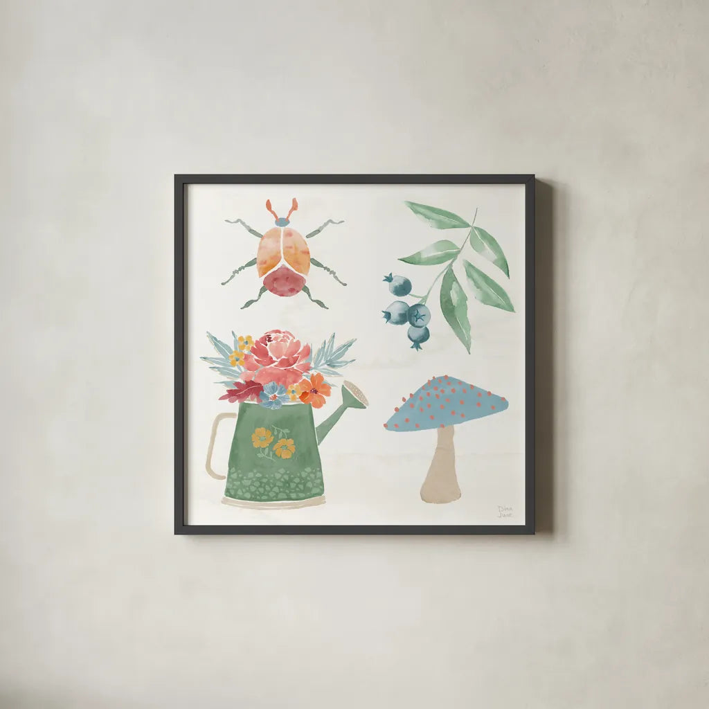 Wings and Things V by Dina June. Shown in a sleek black glass frame for a contemporary gallery look. Available as an archival giclee rolled canvas, fine art paper, or poster print. SKU 92861a.